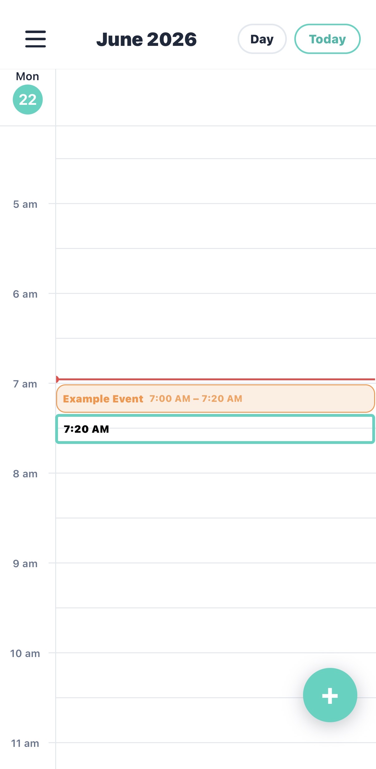 The calendar view with a saved event shown at 7:00 AM to 7:20 AM