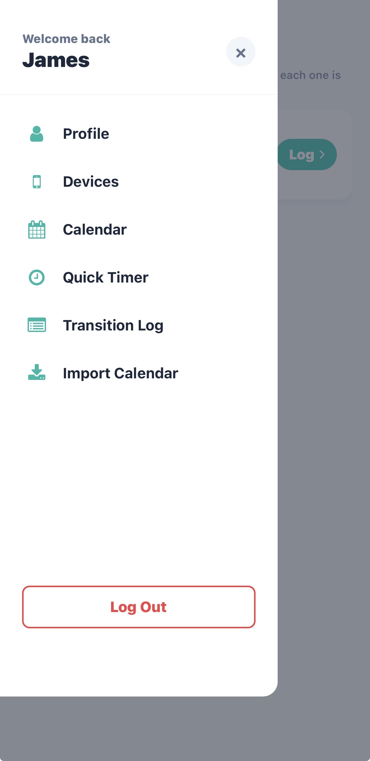 The in-app menu showing Profile, Devices, Calendar, Quick Timer, Transition Log and Import Calendar