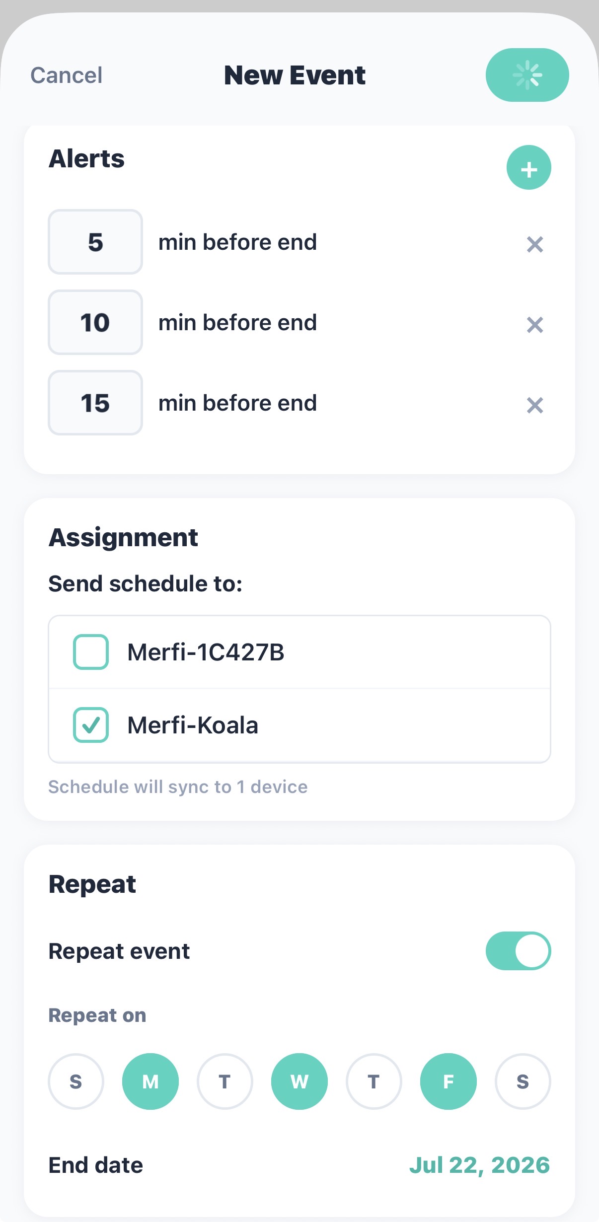 The New Event screen showing staged alerts at 5, 10 and 15 minutes before the end, device assignment, and repeat days