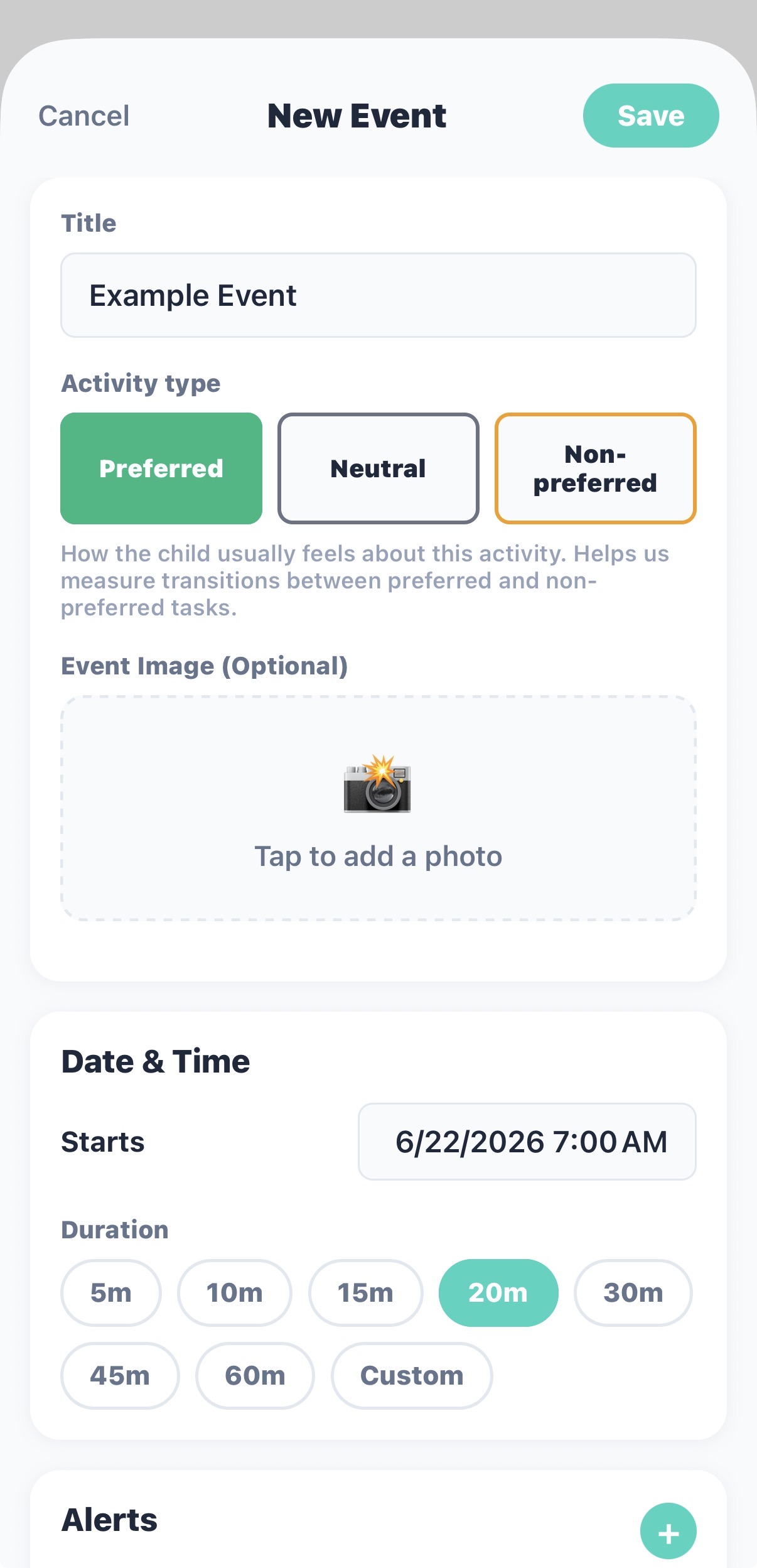 The New Event screen showing Title, Activity type (Preferred, Neutral, Non-preferred), event image and Date and Time with duration options