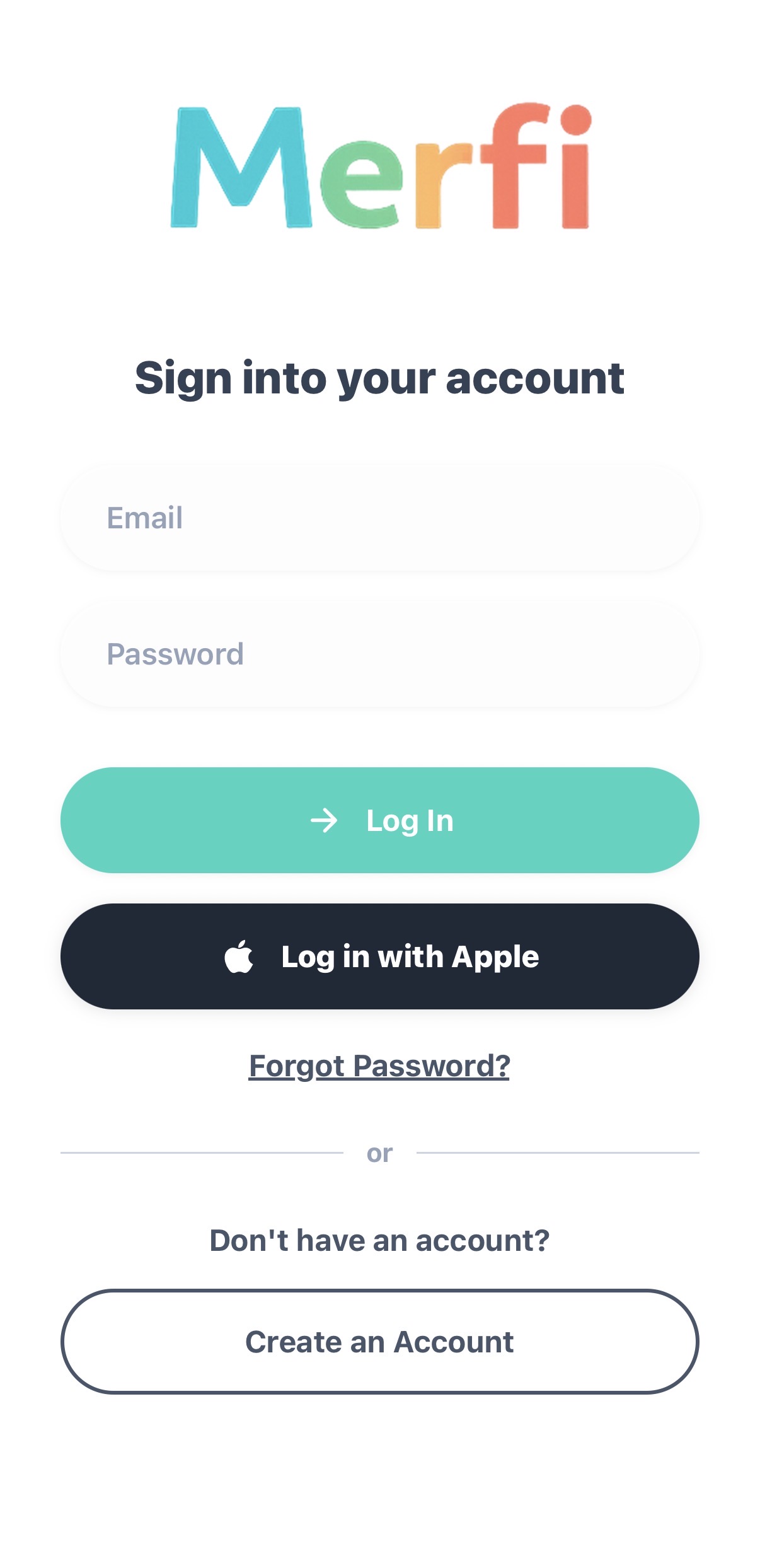 The Merfi sign-in screen with the Create an Account button at the bottom