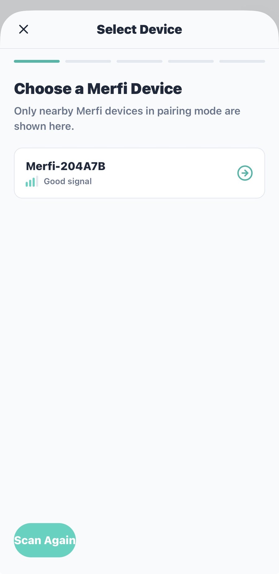 Add Device pairing screen showing the Merfi device listed