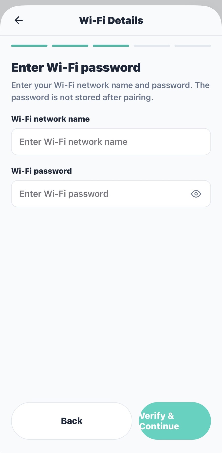 Wi-Fi setup screen where you enter your network name and password